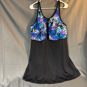Swimsuits for All black and blue floral macramé knot swim dress size 22